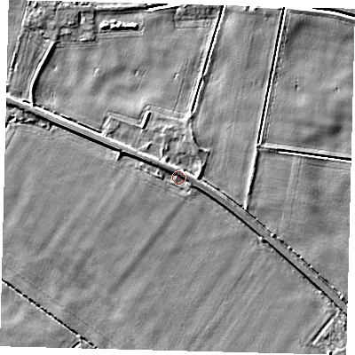 Shaded relief map of the ground around PE203PZ, computed from Environment Agency LiDAR. The ground here sits at about 3 m above sea level and falls 5 m across the surrounding 800 m. Surface water reaching this point runs off ground lying to the east-north-east, 1.7 m higher.