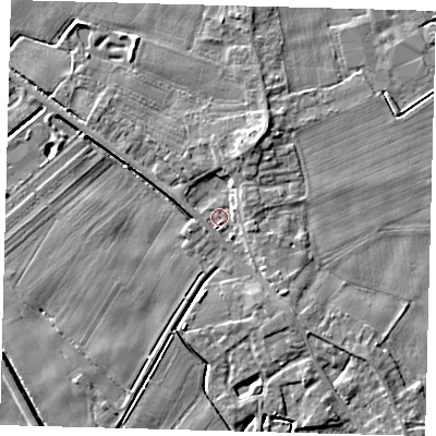 Shaded relief map of the ground around PE203QD, computed from Environment Agency LiDAR. The ground here sits at about 3 m above sea level and falls 5 m across the surrounding 800 m. Surface water reaching this point runs off ground lying to the north-north-east, 3.3 m higher.
