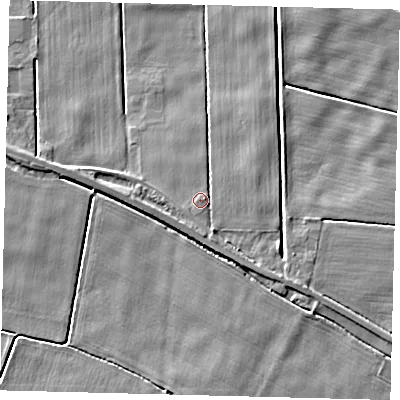 Shaded relief map of the ground around PE203QF, computed from Environment Agency LiDAR. The ground here sits at about 3 m above sea level and falls 4 m across the surrounding 800 m. Surface water reaching this point runs off ground lying to the south, 2.2 m higher.