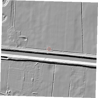 Shaded relief map of the ground around PE203QP, computed from Environment Agency LiDAR. The ground here sits at about 3 m above sea level and falls 7 m across the surrounding 800 m. Surface water reaching this point runs off ground lying to the south-south-west, 2.5 m higher.