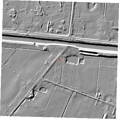 Shaded relief map of the ground around PE203QR, computed from Environment Agency LiDAR. The ground here sits at about 3 m above sea level and falls 7 m across the surrounding 800 m. Surface water reaching this point runs off ground lying to the west-north-west, 0.7 m higher.