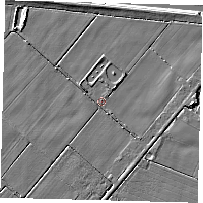 Shaded relief map of the ground around PE203QS, computed from Environment Agency LiDAR. The ground here sits at about 3 m above sea level and falls 7 m across the surrounding 800 m. Surface water reaching this point runs off ground lying to the south-south-east, 1.8 m higher.