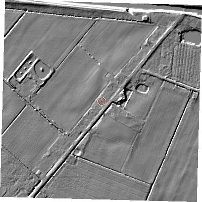 Shaded relief map of the ground around PE203QT, computed from Environment Agency LiDAR. The ground here sits at about 3 m above sea level and falls 7 m across the surrounding 800 m. Surface water reaching this point runs off ground lying to the east, 3.8 m higher.