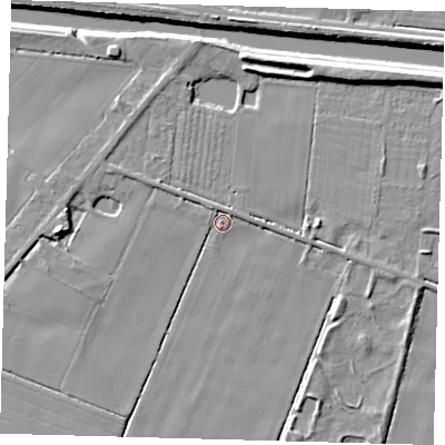 Shaded relief map of the ground around PE203QU, computed from Environment Agency LiDAR. The ground here sits at about 3 m above sea level and falls 7 m across the surrounding 800 m. Surface water reaching this point runs off ground lying to the north-west, 1.9 m higher.