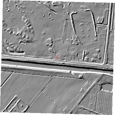 Shaded relief map of the ground around PE203QX, computed from Environment Agency LiDAR. The ground here sits at about 3 m above sea level and falls 6 m across the surrounding 800 m. Surface water reaching this point runs off ground lying to the north-north-west, 1.1 m higher.