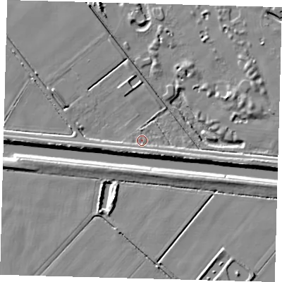 Shaded relief map of the ground around PE203QY, computed from Environment Agency LiDAR. The ground here sits at about 3 m above sea level and falls 7 m across the surrounding 800 m. Surface water reaching this point runs off ground lying to the south-east, 2.5 m higher.