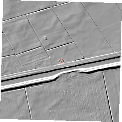 Shaded relief map of the ground around PE203RA, computed from Environment Agency LiDAR. The ground here sits at about 2 m above sea level and falls 7 m across the surrounding 800 m. Surface water reaching this point runs off ground lying to the south-east, 2.2 m higher.