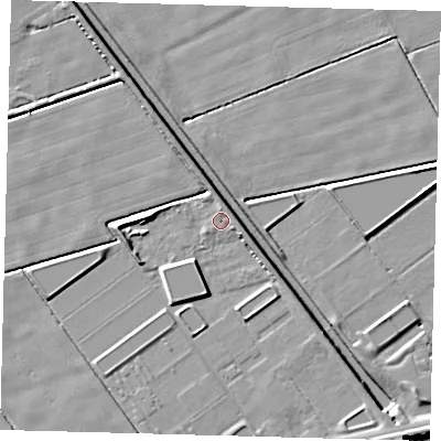 Shaded relief map of the ground around PE203RB, computed from Environment Agency LiDAR. The ground here sits at about 2 m above sea level and falls 5 m across the surrounding 800 m. Surface water reaching this point runs off ground lying to the north-north-east, 1.4 m higher.
