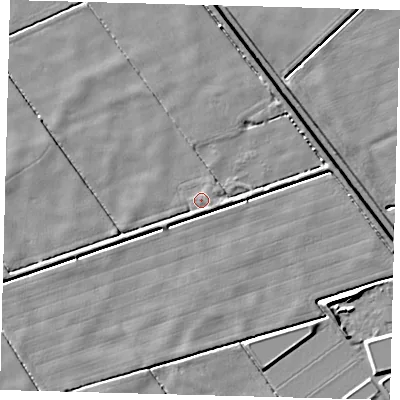 Shaded relief map of the ground around PE203RD, computed from Environment Agency LiDAR. The ground here sits at about 2 m above sea level and falls 5 m across the surrounding 800 m. Surface water reaching this point runs off ground lying to the east-north-east, 0.7 m higher.