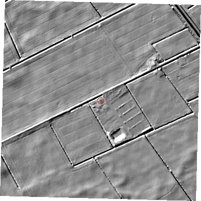 Shaded relief map of the ground around PE203RE, computed from Environment Agency LiDAR. The ground here sits at about 2 m above sea level and falls 4 m across the surrounding 800 m. Surface water reaching this point runs off ground lying to the north-north-east, 0.6 m higher.