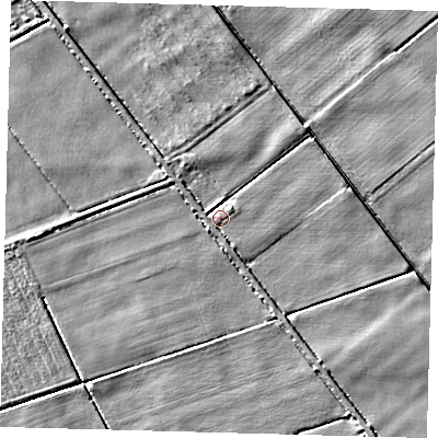 Shaded relief map of the ground around PE203RF, computed from Environment Agency LiDAR. The ground here sits at about 2 m above sea level and falls 3 m across the surrounding 800 m. Surface water reaching this point runs off ground lying to the south-south-east, 1.9 m higher.