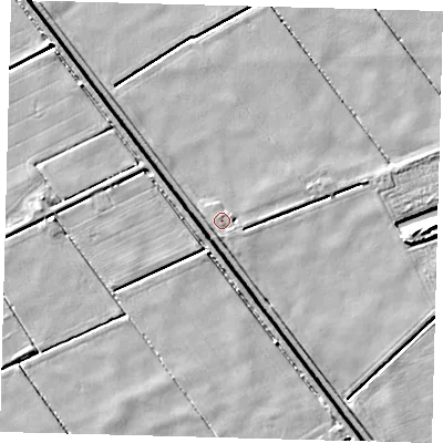 Shaded relief map of the ground around PE203RG, computed from Environment Agency LiDAR. The ground here sits at about 2 m above sea level and falls 5 m across the surrounding 800 m. Surface water reaching this point runs off ground lying to the south, 1.4 m higher.