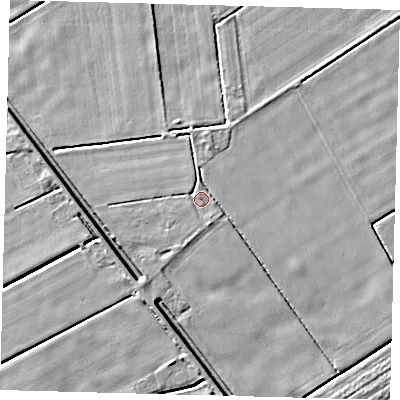 Shaded relief map of the ground around PE203RJ, computed from Environment Agency LiDAR. The ground here sits at about 2 m above sea level and falls 4 m across the surrounding 800 m. Surface water reaching this point runs off ground lying to the south-south-east, 1.2 m higher.