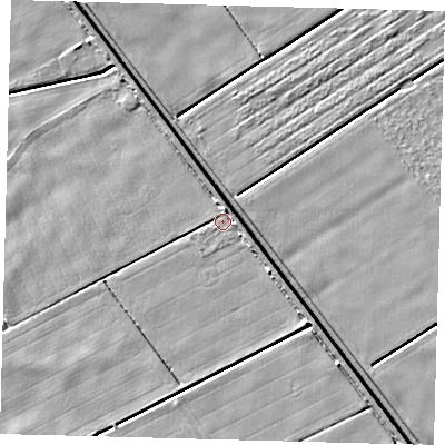 Shaded relief map of the ground around PE203RL, computed from Environment Agency LiDAR. The ground here sits at about 1 m above sea level and falls 5 m across the surrounding 800 m. Surface water reaching this point runs off ground lying to the north-north-east, 2.3 m higher.