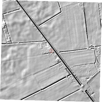 Shaded relief map of the ground around PE203RN, computed from Environment Agency LiDAR. The ground here sits at about 2 m above sea level and falls 4 m across the surrounding 800 m. Surface water reaching this point runs off ground lying to the north, 0.9 m higher.