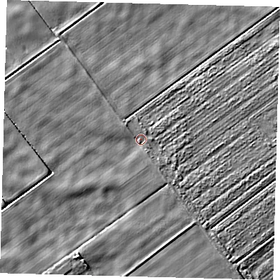 Shaded relief map of the ground around PE203RP, computed from Environment Agency LiDAR. The ground here sits at about 2 m above sea level and falls 4 m across the surrounding 800 m. Surface water reaching this point runs off ground lying to the south-south-east, 1.5 m higher.