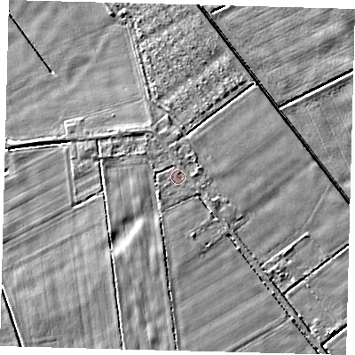 Shaded relief map of the ground around PE203RQ, computed from Environment Agency LiDAR. The ground here sits at about 3 m above sea level and falls 4 m across the surrounding 800 m. The ground contributing surface water to this point lies to the east-north-east.