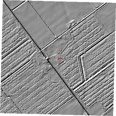 Shaded relief map of the ground around PE203RR, computed from Environment Agency LiDAR. The ground here sits at about 3 m above sea level and falls 3 m across the surrounding 800 m. Surface water reaching this point runs off ground lying to the west, 0.9 m higher.