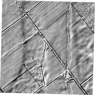 Shaded relief map of the ground around PE203RS, computed from Environment Agency LiDAR. The ground here sits at about 2 m above sea level and falls 4 m across the surrounding 800 m. Surface water reaching this point runs off ground lying to the north-north-east, 1.8 m higher.