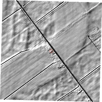 Shaded relief map of the ground around PE203RW, computed from Environment Agency LiDAR. The ground here sits at about 2 m above sea level and falls 3 m across the surrounding 800 m. Surface water reaching this point runs off ground lying to the south-east, 3.0 m higher.