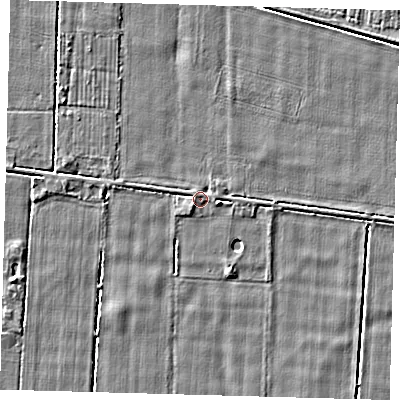 Shaded relief map of the ground around PE203SB, computed from Environment Agency LiDAR. The ground here sits at about 2 m above sea level and falls 3 m across the surrounding 800 m. Surface water reaching this point runs off ground lying to the east-south-east, 1.5 m higher.