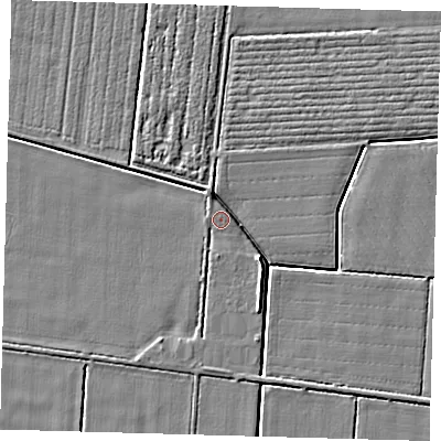 Shaded relief map of the ground around PE203SD, computed from Environment Agency LiDAR. The ground here sits at about 2 m above sea level and falls 5 m across the surrounding 800 m. Surface water reaching this point runs off ground lying to the south-east, 4.9 m higher.