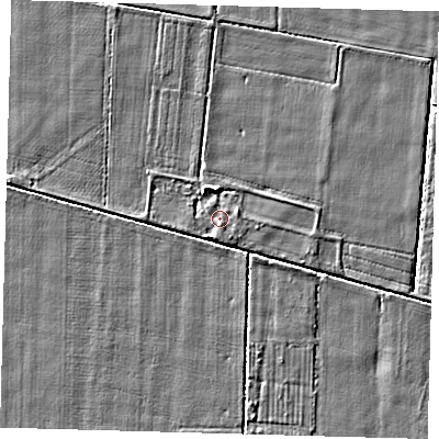 Shaded relief map of the ground around PE203SE, computed from Environment Agency LiDAR. The ground here sits at about 2 m above sea level and falls 4 m across the surrounding 800 m. Surface water reaching this point runs off ground lying to the south, 0.9 m higher.