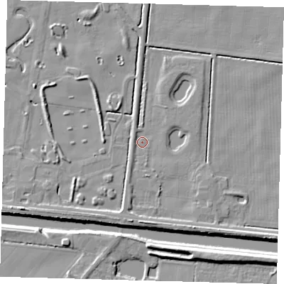 Shaded relief map of the ground around PE203SG, computed from Environment Agency LiDAR. The ground here sits at about 2 m above sea level and falls 7 m across the surrounding 800 m. Surface water reaching this point runs off ground lying to the south, 1.4 m higher.