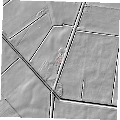 Shaded relief map of the ground around PE203SJ, computed from Environment Agency LiDAR. The ground here sits at about 2 m above sea level and falls 4 m across the surrounding 800 m. Surface water reaching this point runs off ground lying to the south, 1.9 m higher.