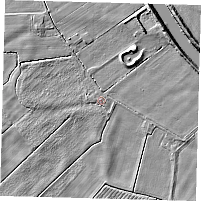 Shaded relief map of the ground around PE203SR, computed from Environment Agency LiDAR. The ground here sits at about 3 m above sea level and falls 6 m across the surrounding 800 m. The ground contributing surface water to this point lies to the west.
