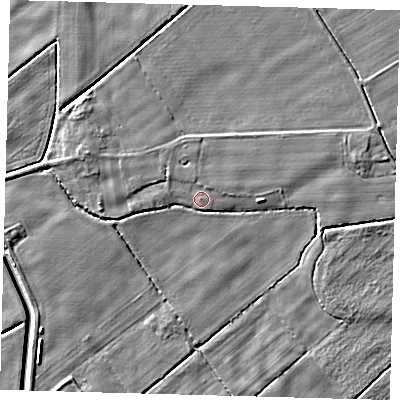 Shaded relief map of the ground around PE203SS, computed from Environment Agency LiDAR. The ground here sits at about 3 m above sea level and falls 4 m across the surrounding 800 m. Surface water reaching this point runs off ground lying to the north-west, 1.1 m higher.