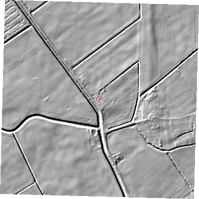 Shaded relief map of the ground around PE203ST, computed from Environment Agency LiDAR. The ground here sits at about 2 m above sea level and falls 4 m across the surrounding 800 m. Surface water reaching this point runs off ground lying to the east-south-east, 3.7 m higher.