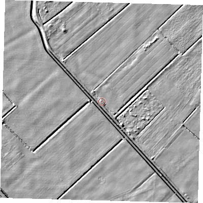 Shaded relief map of the ground around PE203SU, computed from Environment Agency LiDAR. The ground here sits at about 2 m above sea level and falls 4 m across the surrounding 800 m. Surface water reaching this point runs off ground lying to the south-south-east, 2.2 m higher.