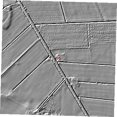 Shaded relief map of the ground around PE203SW, computed from Environment Agency LiDAR. The ground here sits at about 2 m above sea level and falls 3 m across the surrounding 800 m. Surface water reaching this point runs off ground lying to the west, 1.7 m higher.