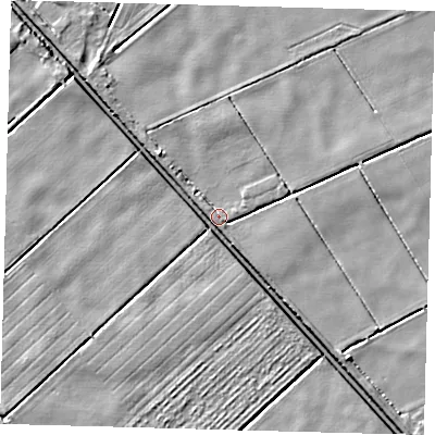 Shaded relief map of the ground around PE203SX, computed from Environment Agency LiDAR. The ground here sits at about 2 m above sea level and falls 4 m across the surrounding 800 m. Surface water reaching this point runs off ground lying to the north-west, 3.2 m higher.