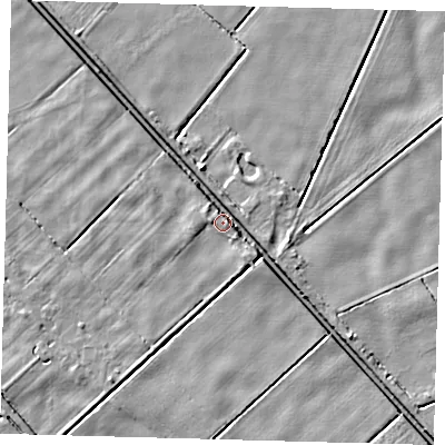 Shaded relief map of the ground around PE203TA, computed from Environment Agency LiDAR. The ground here sits at about 2 m above sea level and falls 4 m across the surrounding 800 m. Surface water reaching this point runs off ground lying to the north-north-west, 3.0 m higher.