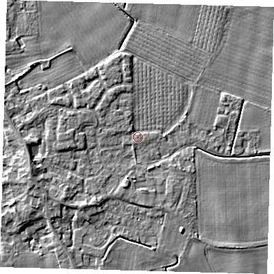 Shaded relief map of the ground around PE203UF, computed from Environment Agency LiDAR. The ground here sits at about 4 m above sea level and falls 5 m across the surrounding 800 m. Surface water reaching this point runs off ground lying to the north-north-west, 1.3 m higher.