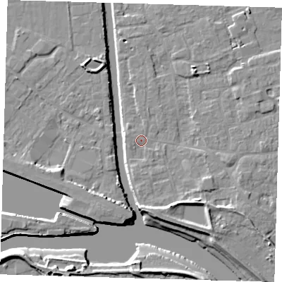 Shaded relief map of the ground around PE210AA, computed from Environment Agency LiDAR. The ground here sits at about 3 m above sea level and falls 8 m across the surrounding 800 m. Surface water reaching this point runs off ground lying to the south, 1.1 m higher.