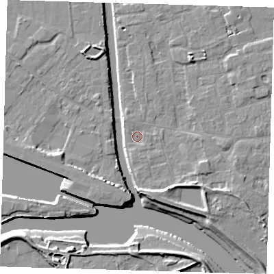 Shaded relief map of the ground around PE210AB, computed from Environment Agency LiDAR. The ground here sits at about 3 m above sea level and falls 9 m across the surrounding 800 m. Surface water reaching this point runs off ground lying to the south-south-east, 0.9 m higher.