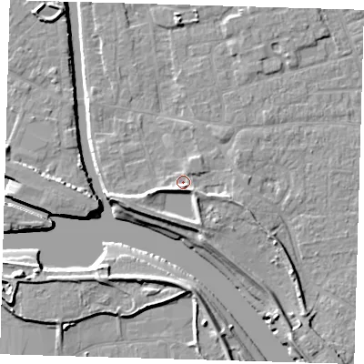 Shaded relief map of the ground around PE210AD, computed from Environment Agency LiDAR. The ground here sits at about 4 m above sea level and falls 9 m across the surrounding 800 m. Surface water reaching this point runs off ground lying to the south-south-east, 2.7 m higher.