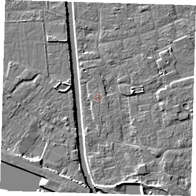 Shaded relief map of the ground around PE210AE, computed from Environment Agency LiDAR. The ground here sits at about 3 m above sea level and falls 7 m across the surrounding 800 m. Surface water reaching this point runs off ground lying to the south, 0.6 m higher.