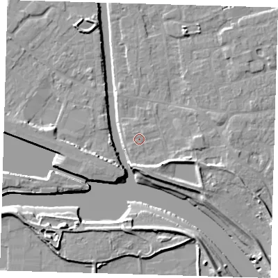 Shaded relief map of the ground around PE210AF, computed from Environment Agency LiDAR. The ground here sits at about 4 m above sea level and falls 9 m across the surrounding 800 m. The ground contributing surface water to this point lies to the east-north-east.