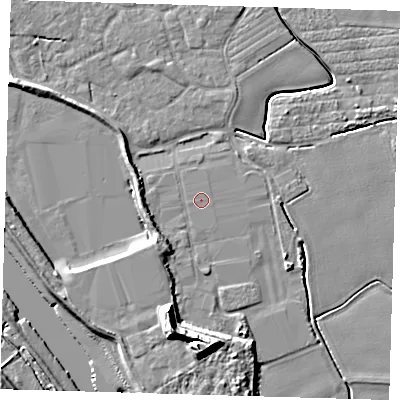 Shaded relief map of the ground around PE210AH, computed from Environment Agency LiDAR. The ground here sits at about 3 m above sea level and falls 16 m across the surrounding 800 m. The ground contributing surface water to this point lies to the east-south-east.
