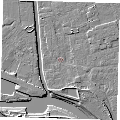 Shaded relief map of the ground around PE210AJ, computed from Environment Agency LiDAR. The ground here sits at about 3 m above sea level and falls 8 m across the surrounding 800 m. Surface water reaching this point runs off ground lying to the west, 1.3 m higher.