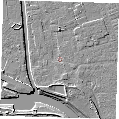 Shaded relief map of the ground around PE210AL, computed from Environment Agency LiDAR. The ground here sits at about 2 m above sea level and falls 8 m across the surrounding 800 m. Surface water reaching this point runs off ground lying to the east-south-east, 1.7 m higher.