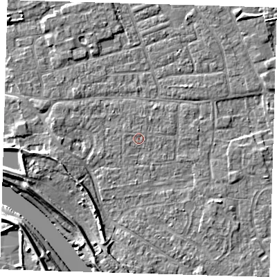 Shaded relief map of the ground around PE210AP, computed from Environment Agency LiDAR. The ground here sits at about 3 m above sea level and falls 8 m across the surrounding 800 m. Surface water reaching this point runs off ground lying to the south-south-west, 4.5 m higher.