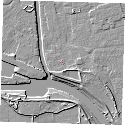 Shaded relief map of the ground around PE210AQ, computed from Environment Agency LiDAR. The ground here sits at about 4 m above sea level and falls 9 m across the surrounding 800 m. Surface water reaching this point runs off ground lying to the east-south-east, 3.3 m higher.