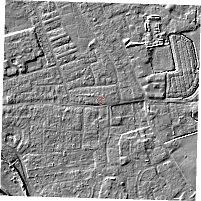 Shaded relief map of the ground around PE210AR, computed from Environment Agency LiDAR. The ground here sits at about 3 m above sea level and falls 6 m across the surrounding 800 m. Surface water reaching this point runs off ground lying to the west-north-west, 0.9 m higher.