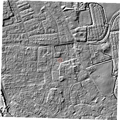 Shaded relief map of the ground around PE210AT, computed from Environment Agency LiDAR. The ground here sits at about 2 m above sea level and falls 6 m across the surrounding 800 m. Surface water reaching this point runs off ground lying to the south, 2.5 m higher.