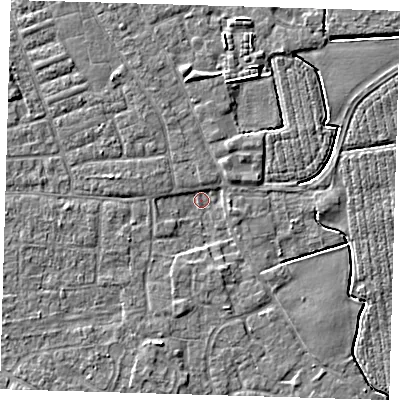 Shaded relief map of the ground around PE210AU, computed from Environment Agency LiDAR. The ground here sits at about 2 m above sea level and falls 4 m across the surrounding 800 m. Surface water reaching this point runs off ground lying to the north, 1.3 m higher.